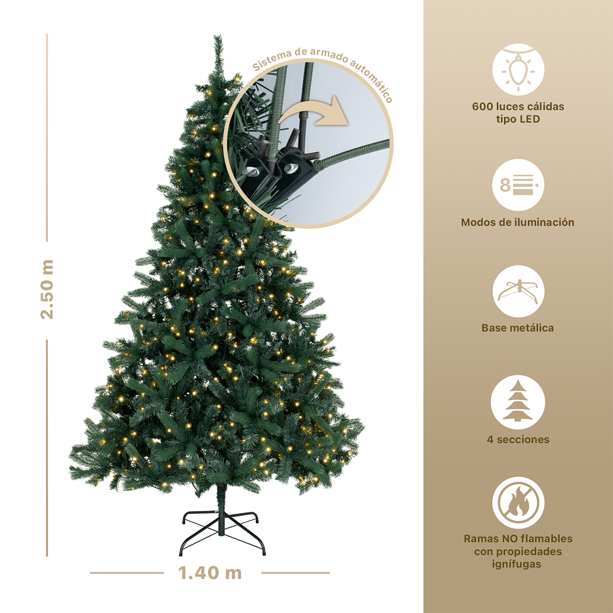 Árbol de Navidad con Luz Led Pino Navideño 2.5m 1600 Ramas Preiluminado - Verde Oscuro para ESQUIMAL
