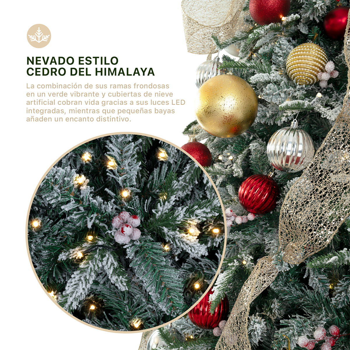 Árbol de Navidad Nevado con Luz Led Bayas y Estrella 1.8m Pino Navideño con Nieve Artificial Verde para ESQUIMAL