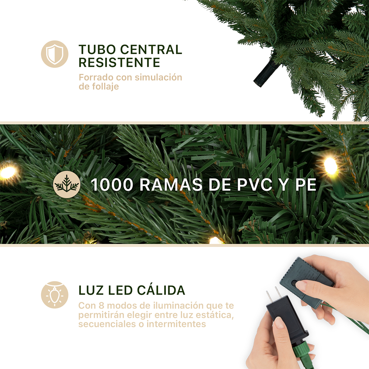 Árbol de Navidad con Luz LED 1.8m. Pino Navideño 1000 Ramas Preiluminado - Verde para ESQUIMAL