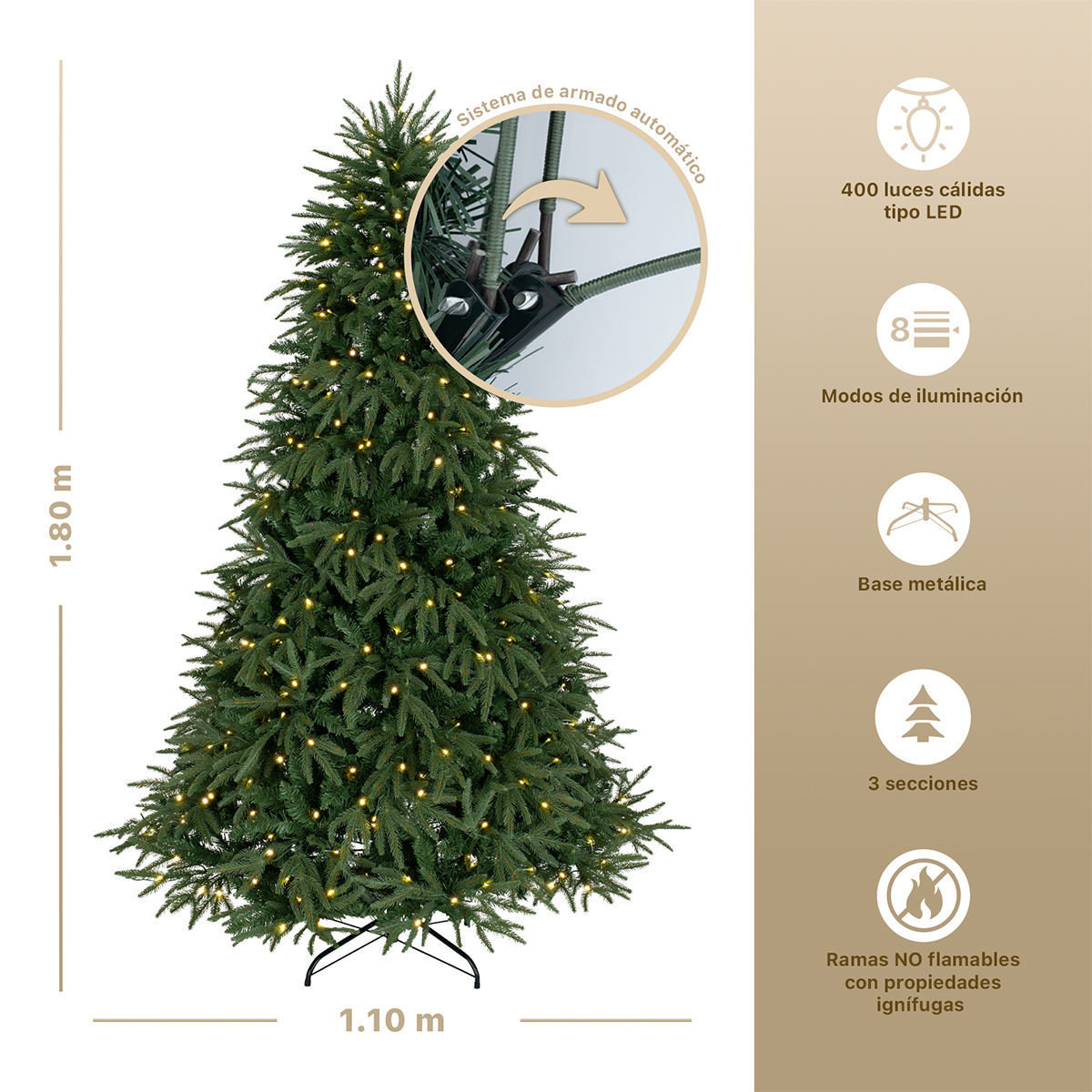 Árbol de Navidad con Luz LED 1.8m. Pino Navideño 1000 Ramas Preiluminado - Verde para ESQUIMAL