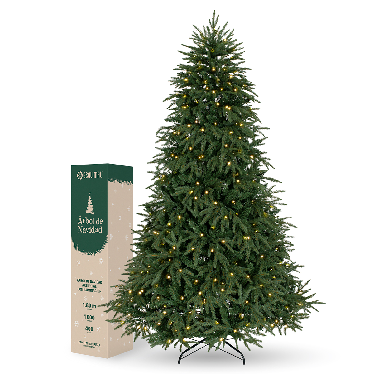 Árbol de Navidad con Luz LED 1.8m. Pino Navideño 1000 Ramas Preiluminado - Verde para ESQUIMAL