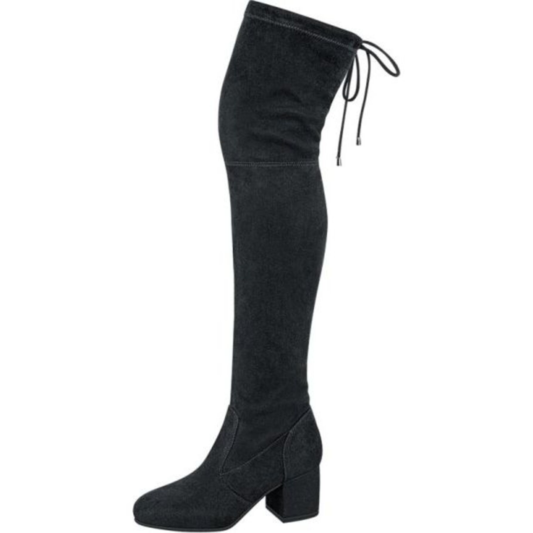 Bota para mujer, super alta, acabado ante, con tacón ancho, color negro, marca Yaeli 1044981