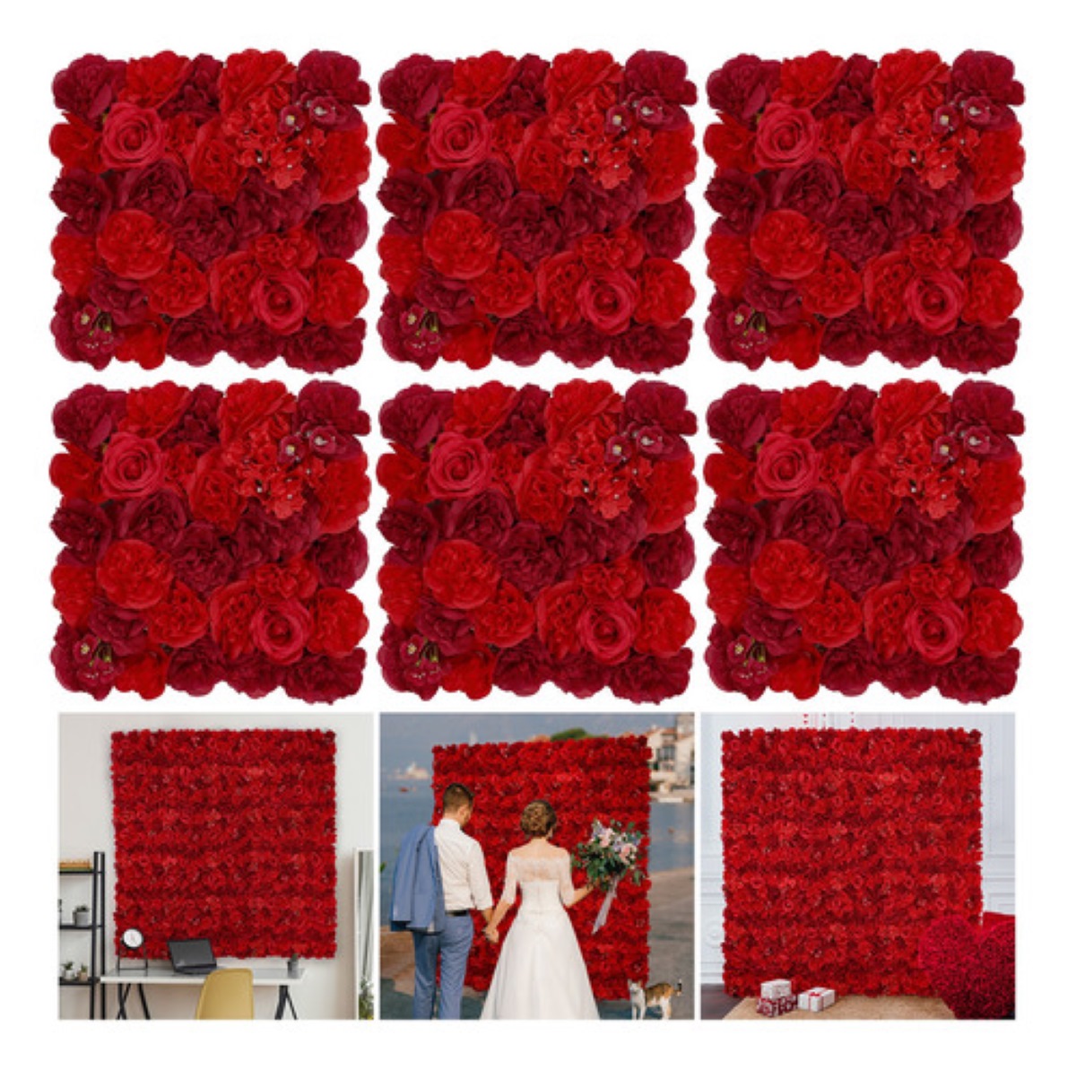 Flores Artificiales Panel De Muro Decorativos Rosas Pared 6 pzs rojo