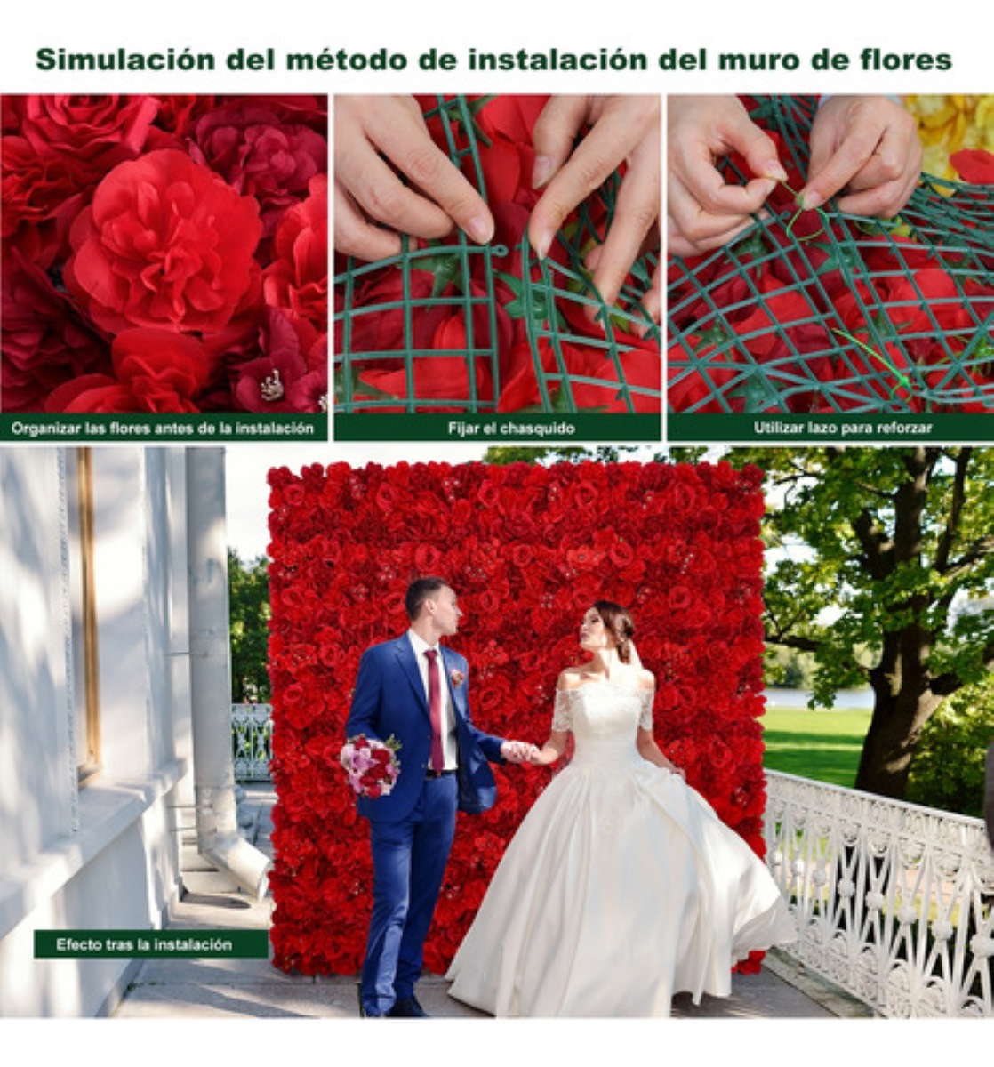 Flores Artificiales Panel De Muro Decorativos Rosas Pared 6 pzs rojo