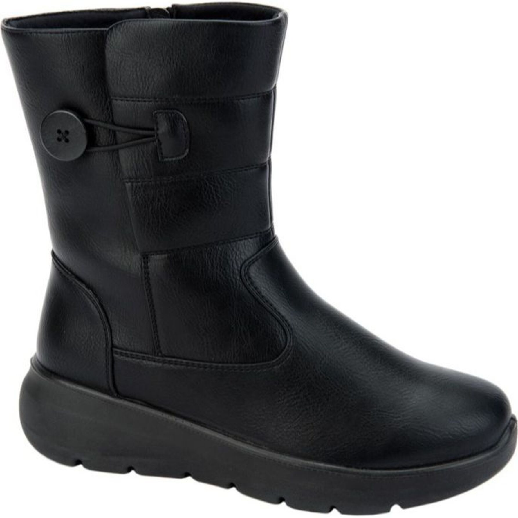 Bota para mujer, tipo confort, con detalle de botón y forro afelpado, color negro, marca Shosh, 1103857