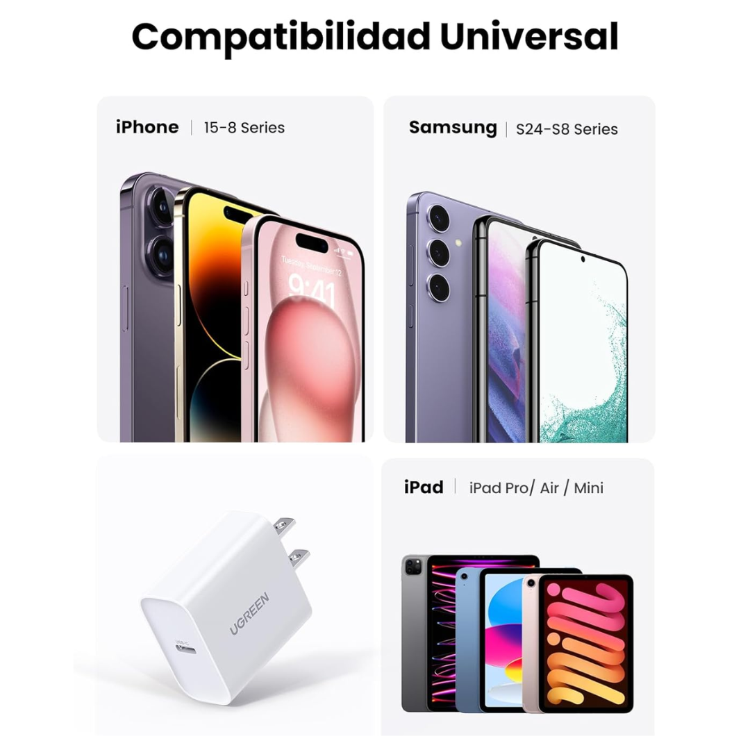 UGREEN Cargador USB C 20W, Carga Rápida, Compatible con iPhone 16, Galaxy S24, iPad Pro y más