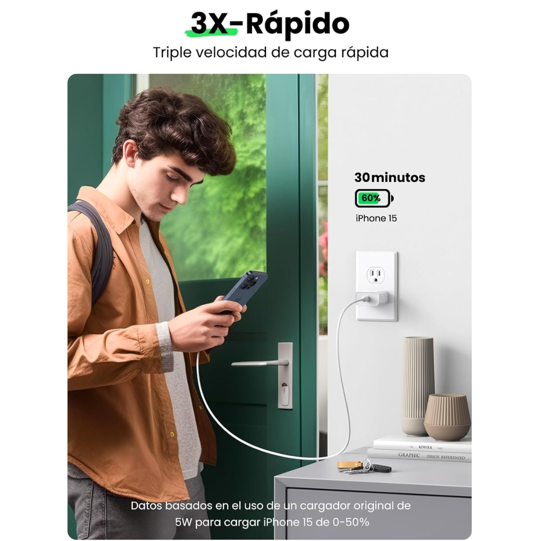 UGREEN Cargador USB C 20W, Carga Rápida, Compatible con iPhone 16, Galaxy S24, iPad Pro y más
