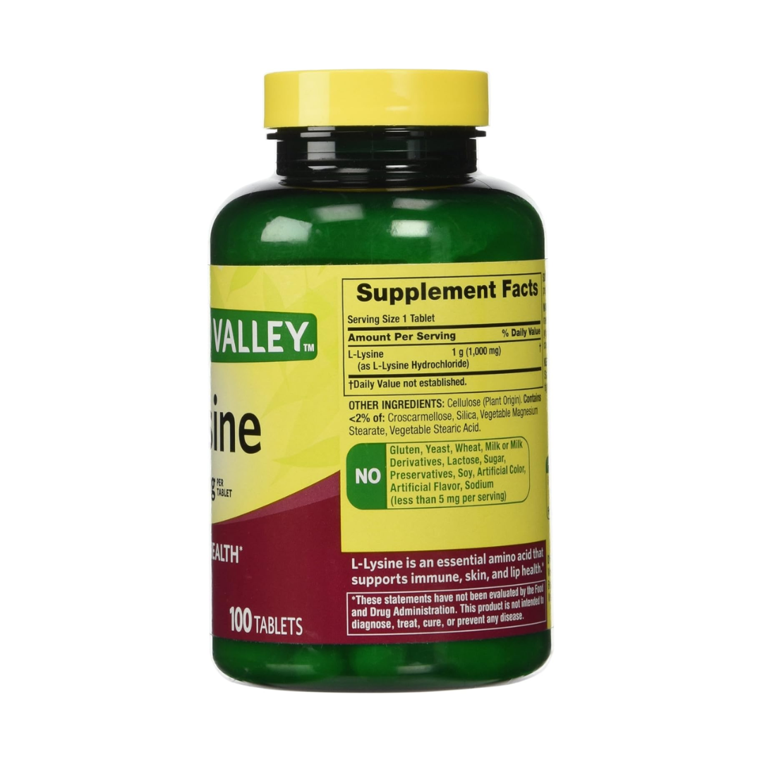 Spring Valley L-Lysine 1000 mg, 100 Tabletas - Suplemento para Salud Inmune y Recuperación Muscular