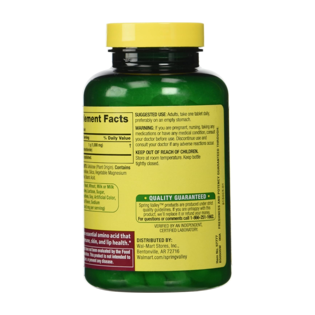 Spring Valley L-Lysine 1000 mg, 100 Tabletas - Suplemento para Salud Inmune y Recuperación Muscular