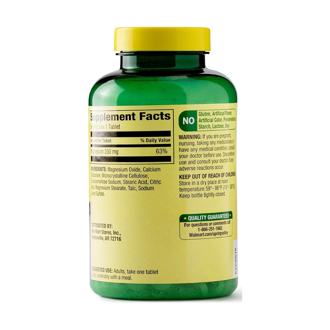 Spring Valley Tabletas de Magnesio 250 mg, 250 Unidades - Suplemento para Energía y Salud Muscular