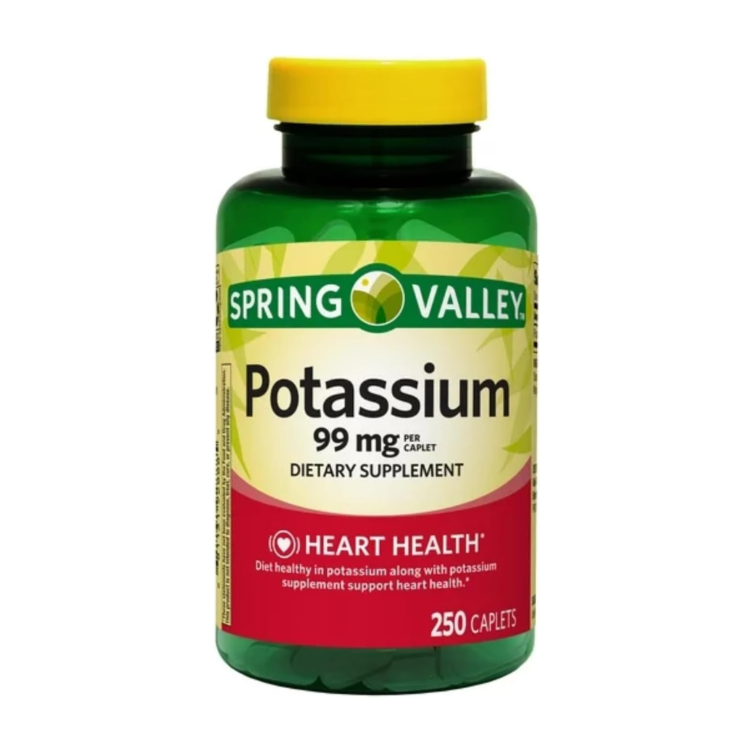 Spring Valley Potasio 99 mg, 250 Tabletas de Gluconato de Potasio - Apoyo para Salud Cardiovascular