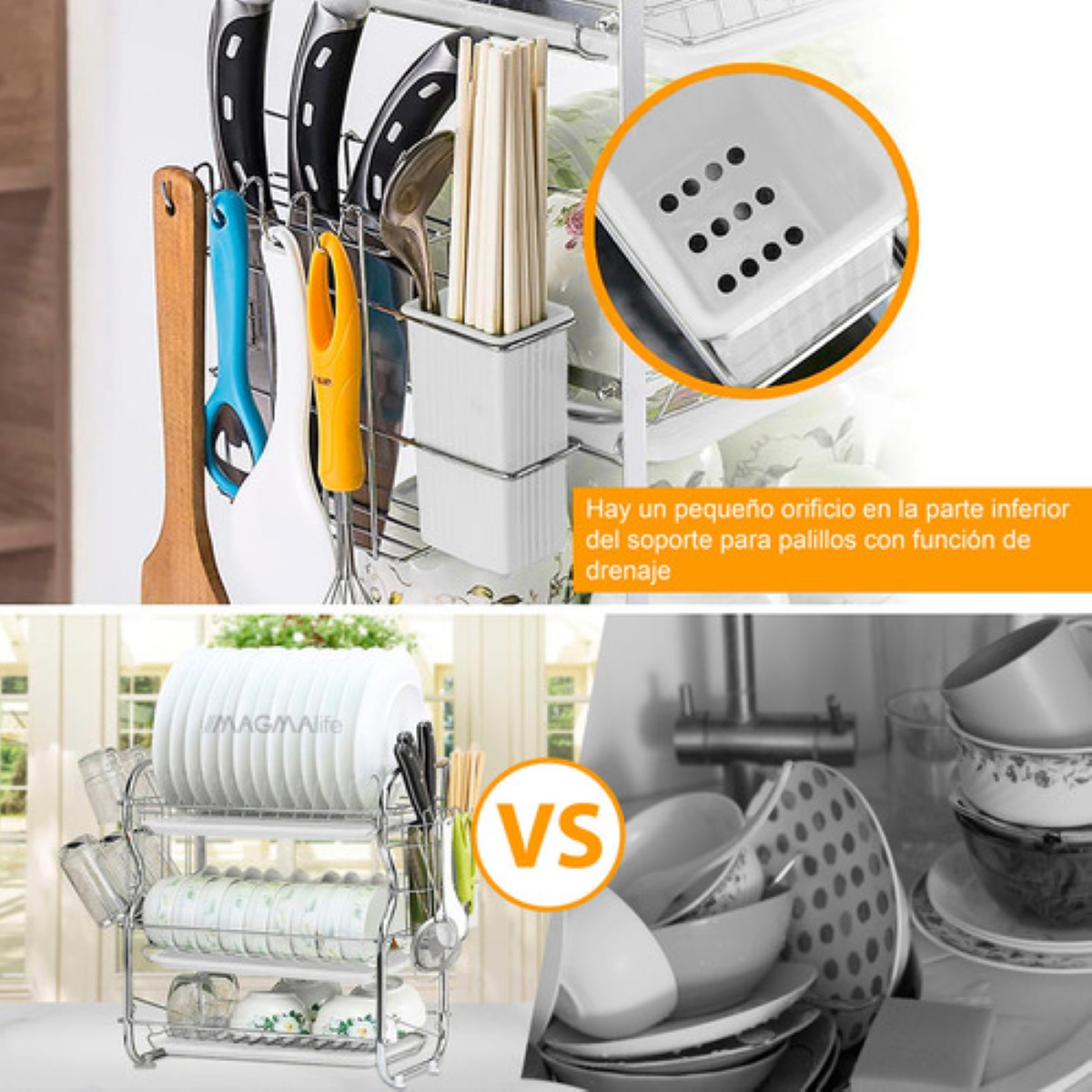 Escurridor de Platos Magma Life con 3 Niveles Soporte para Utensilios de Cocina Vasos y Cubiertos plata
