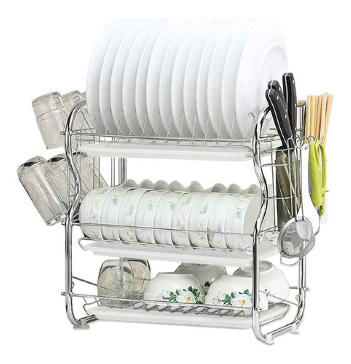 Escurridor de Platos Magma Life con 3 Niveles Soporte para Utensilios de Cocina Vasos y Cubiertos plata