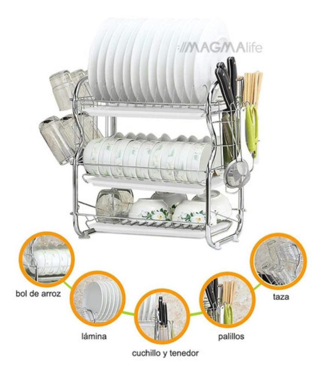 Escurridor de Platos Magma Life con 3 Niveles Soporte para Utensilios de Cocina Vasos y Cubiertos plata