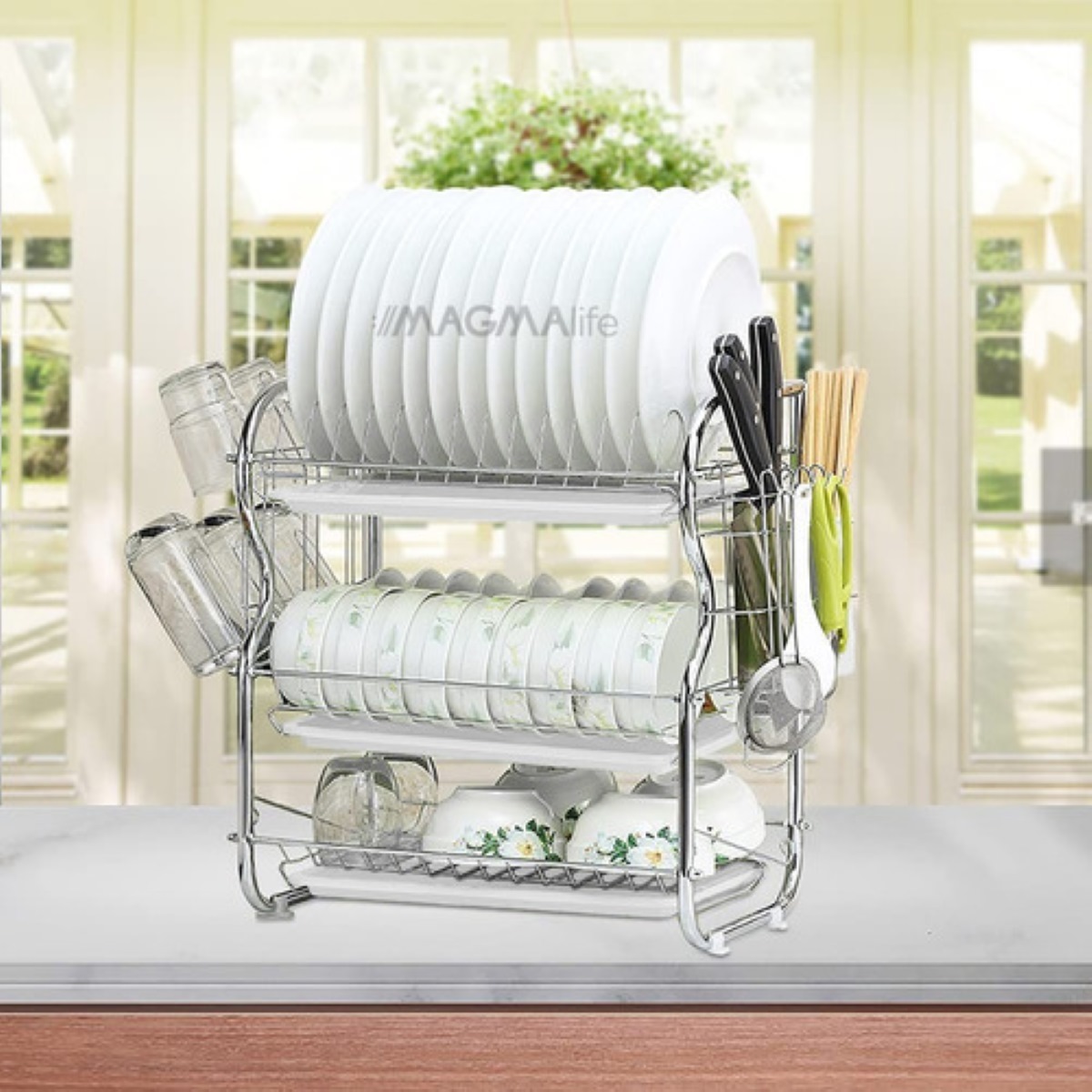Escurridor de Platos Magma Life con 3 Niveles Soporte para Utensilios de Cocina Vasos y Cubiertos plata