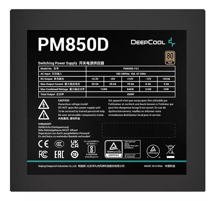  FUENTE DEEPCOOL PM850D 850W 80PLUS GOLD ATX NO MODULAR R-PM850D-FA0B-VN