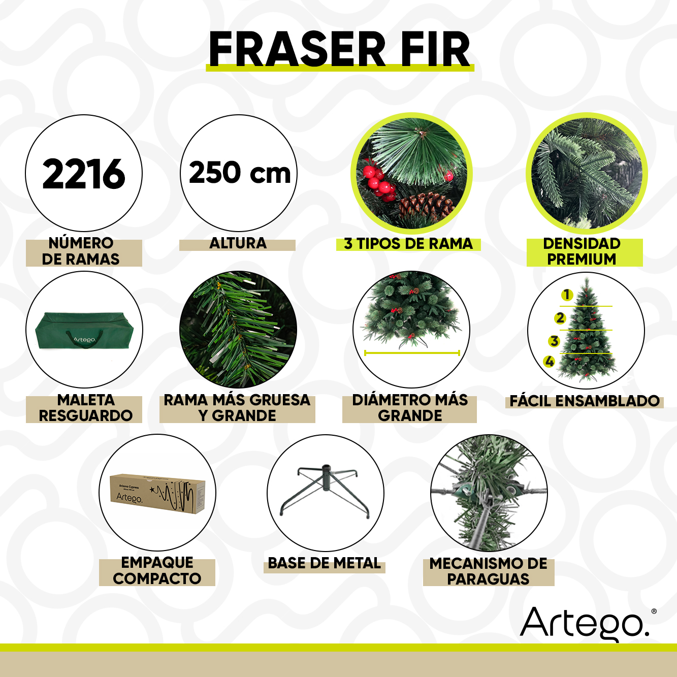 Árbol de Navidad Fraser Fir densidad premium 3 tipos de rama incluye maleta 250cm Artego