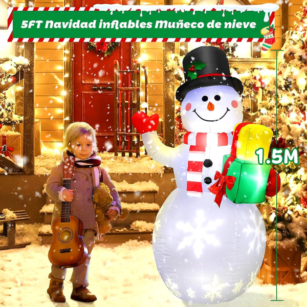 Inflables Navideños 1.5M, Santa Claus Inflable Navideño con Coloridas Luces LED Giratorias, Muñeco de Nieve Inflable Navideño 