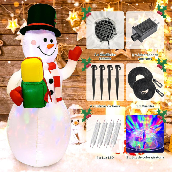 Inflables Navideños 1.5M, Santa Claus Inflable Navideño con Coloridas Luces LED Giratorias, Muñeco de Nieve Inflable Navideño 