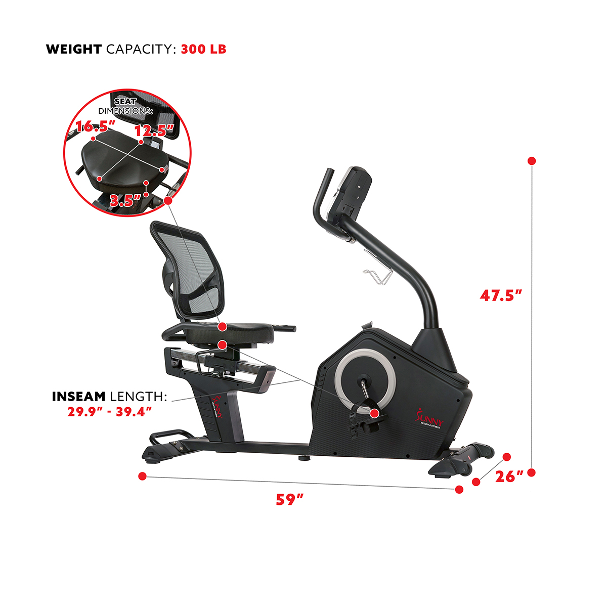 Bicicleta Reclinada Sunny Health con Respaldo de Malla y 16 Niveles