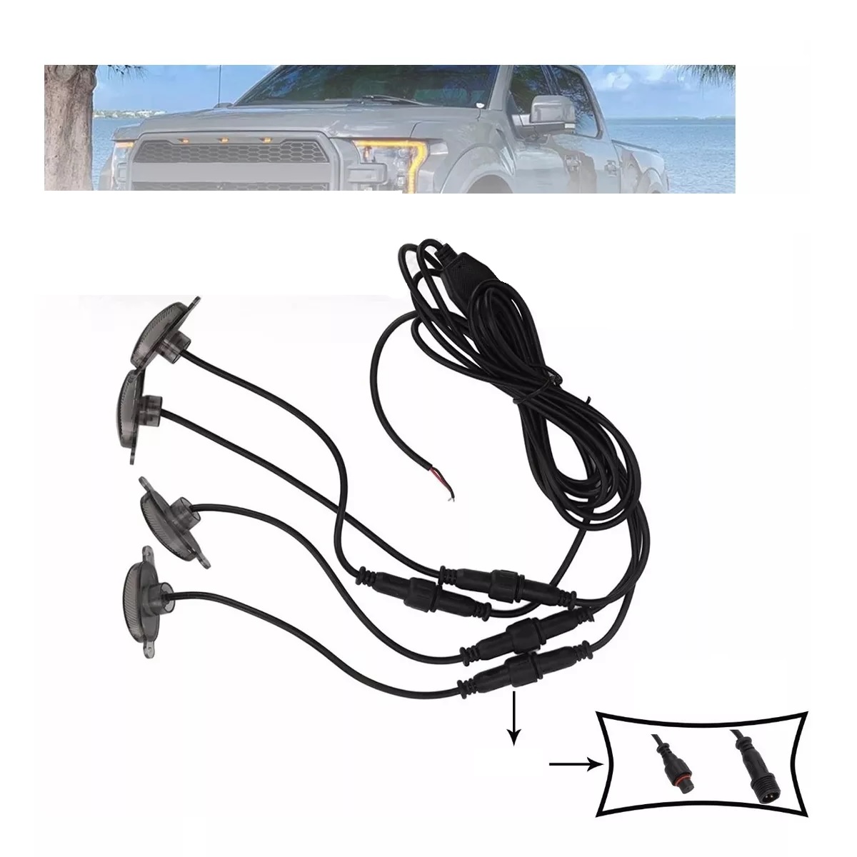 Kit 4 Luz Led Parrilla Universal Raptor Ámbar Con Cable Drl Rojo