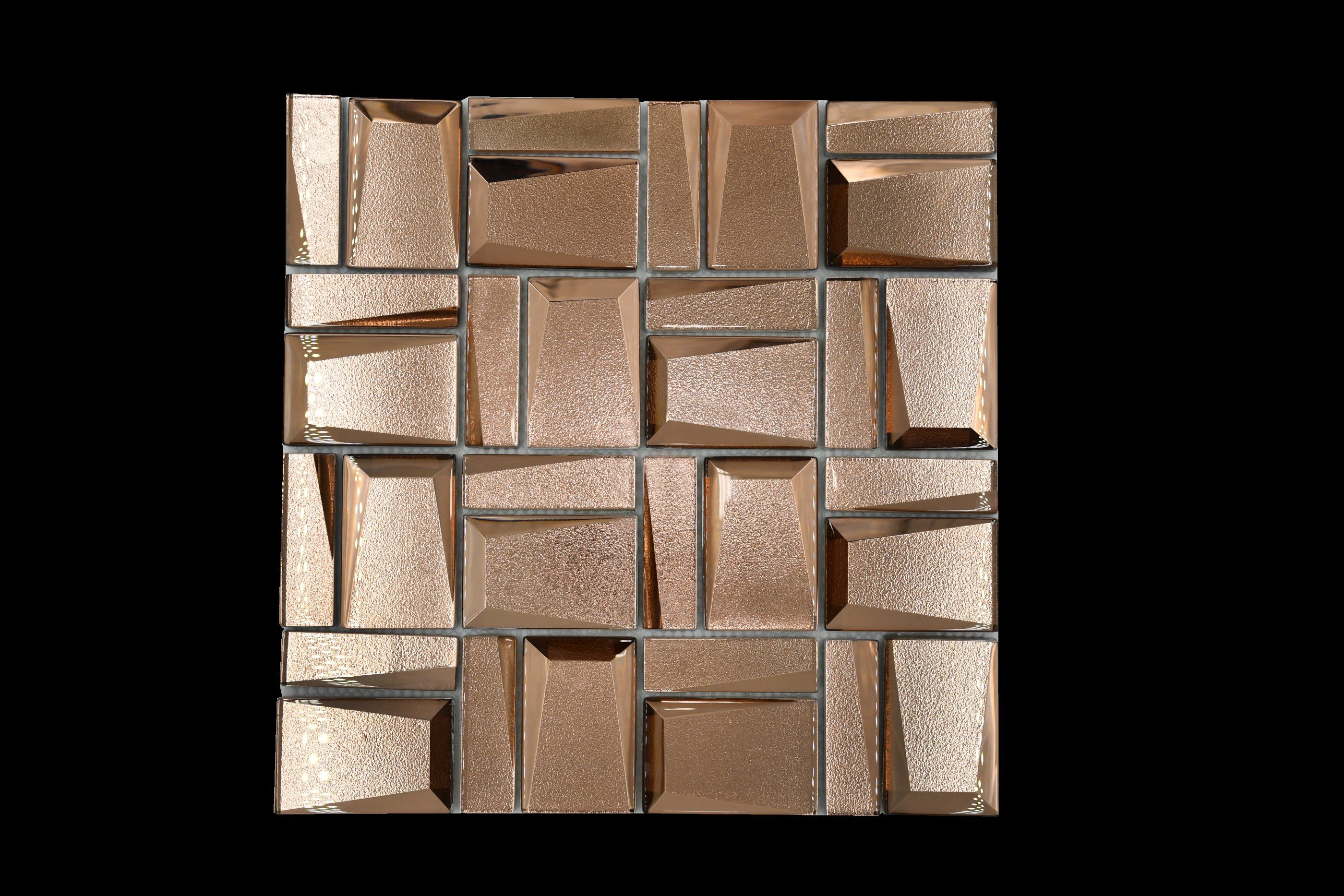 Malla o Mosaico Decorativo de vidrio ELE, medida 30 x 30 cms. (base por altura). Diseño en tonos cobrizos. Caja de 5 piezas.
