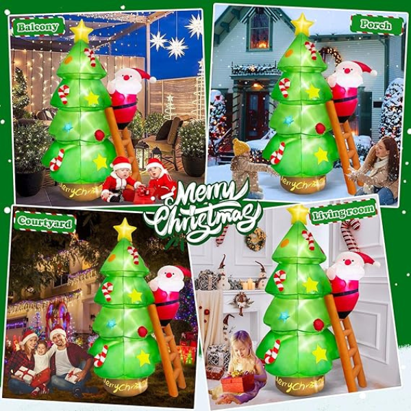 Arbol de Navidad Inflable de 2.1M con Santa Claus en Escalera con Luz LED, Inflable de  Papá Noel Impermeable