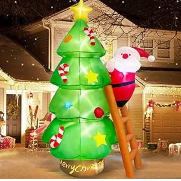 Arbol de Navidad Inflable de 2.1M con Santa Claus en Escalera con Luz LED, Inflable de  Papá Noel Impermeable