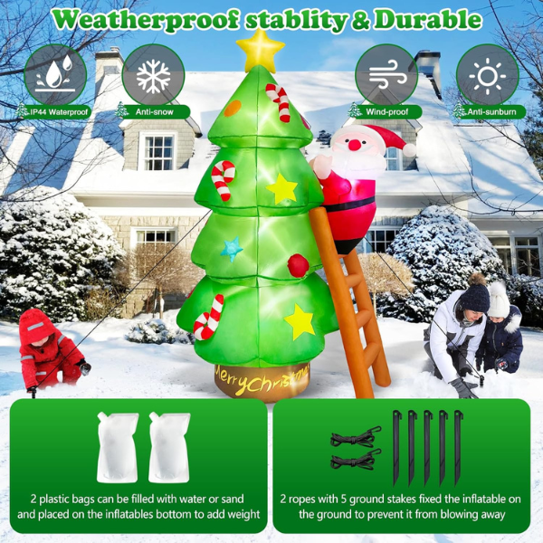 Arbol de Navidad Inflable de 2.1M con Santa Claus en Escalera con Luz LED, Inflable de  Papá Noel Impermeable