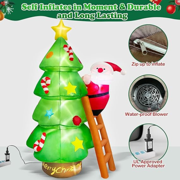 Arbol de Navidad Inflable de 2.1M con Santa Claus en Escalera con Luz LED, Inflable de  Papá Noel Impermeable