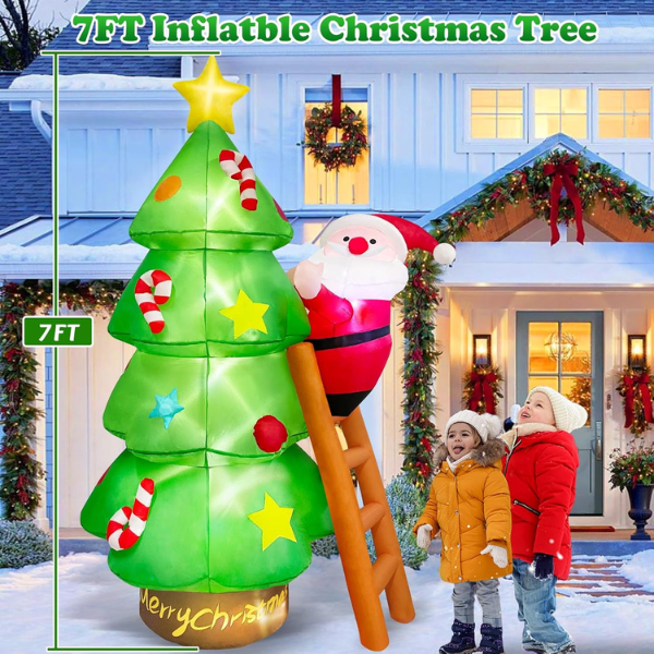 Arbol de Navidad Inflable de 2.1M con Santa Claus en Escalera con Luz LED, Inflable de  Papá Noel Impermeable