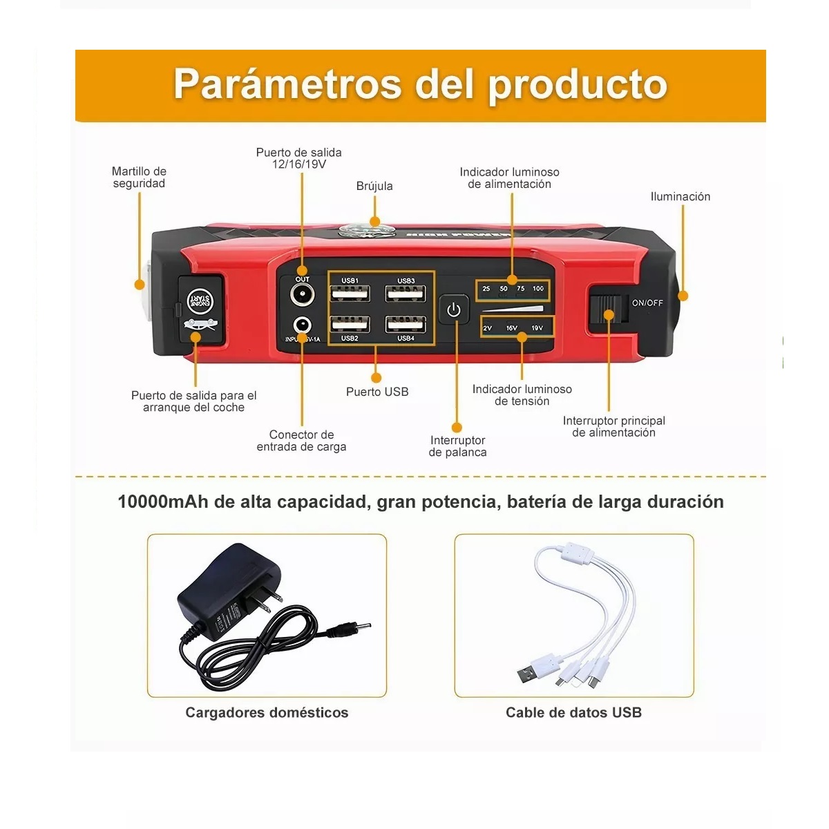 Arrancador De Batería Auto 1000a Con 28000mah Powerbank