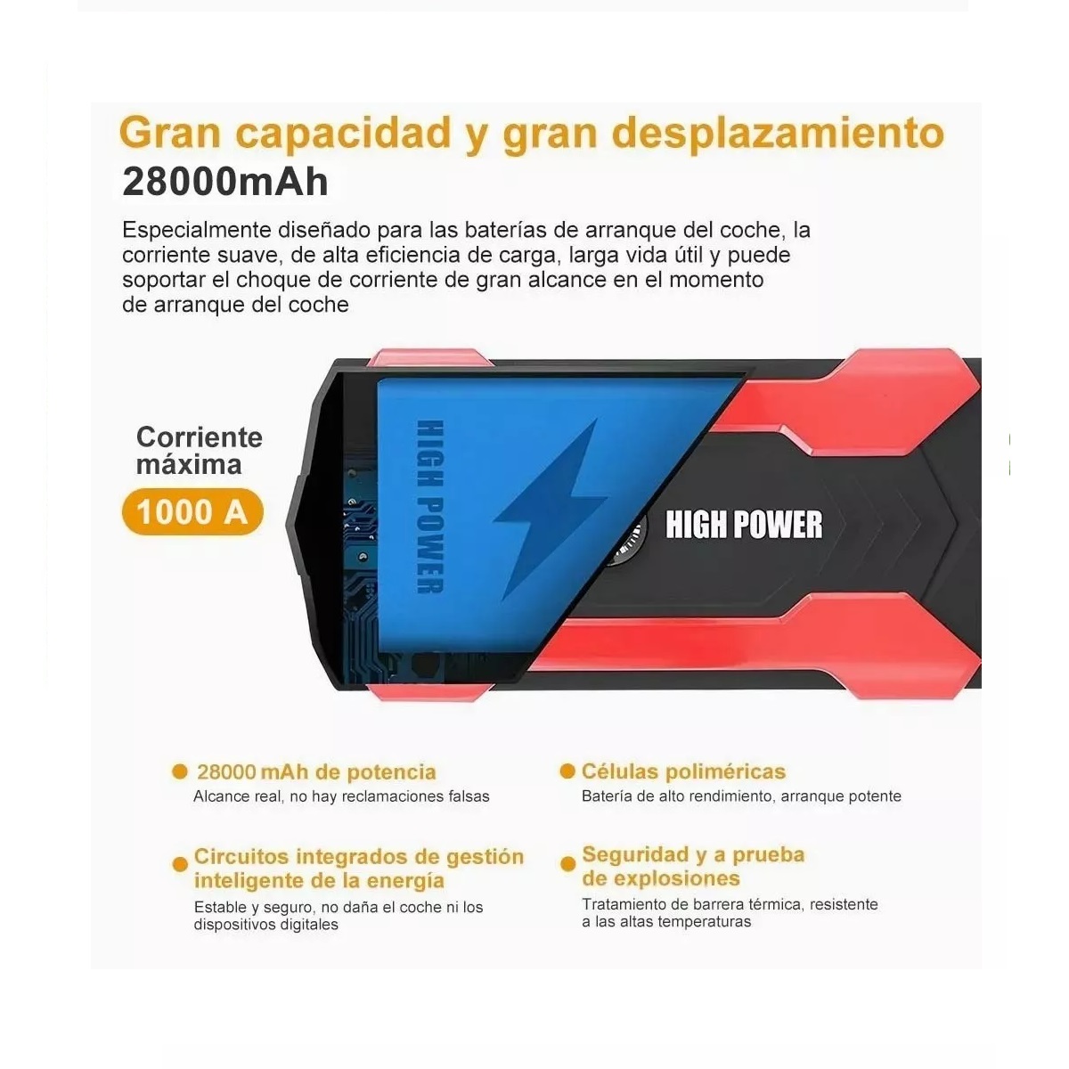 Arrancador De Batería Auto 1000a Con 28000mah Powerbank