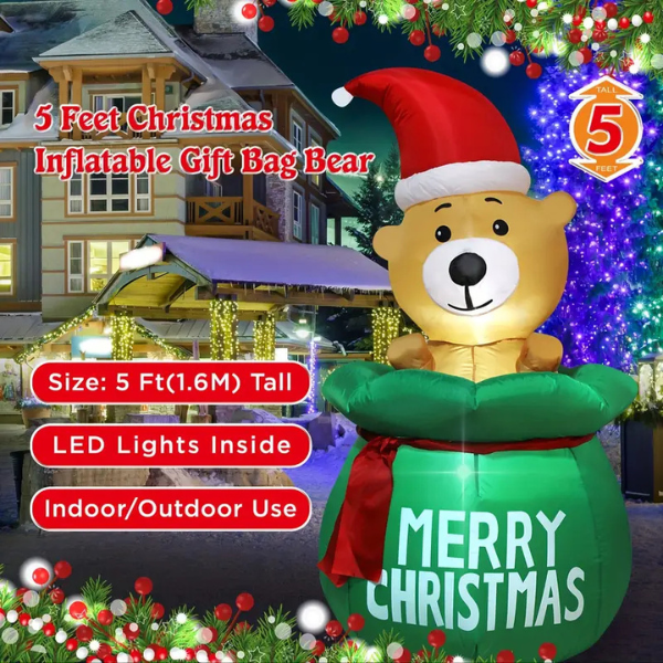 Oso de Navidad Inflable de 1.6M Impermeable con Luz Led, Oso de Peluche para interiores y exteriores. 