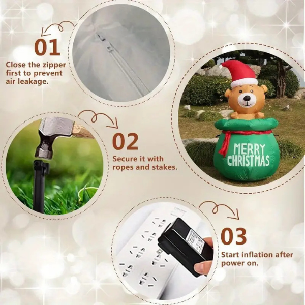 Oso de Navidad Inflable de 1.6M Impermeable con Luz Led, Oso de Peluche para interiores y exteriores. 