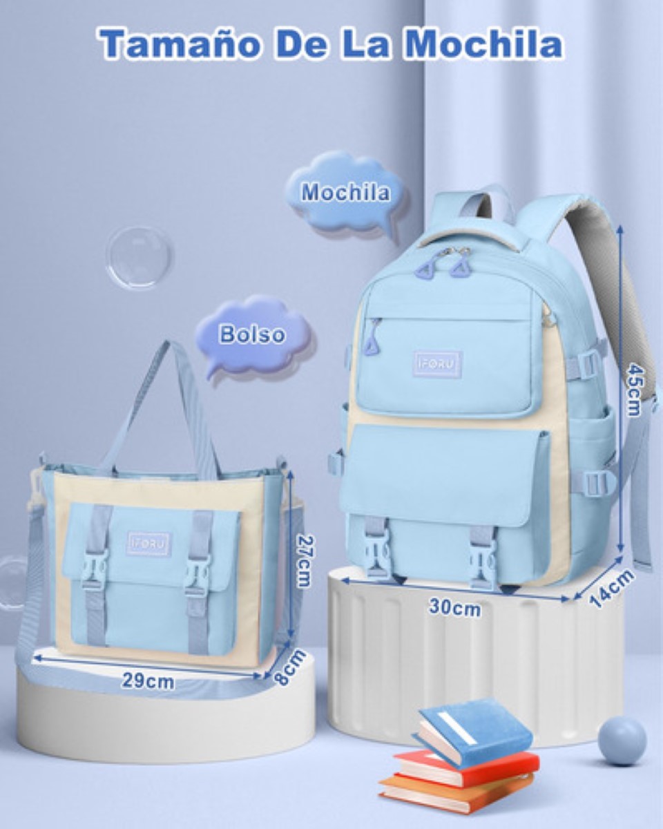 Mochila Escolar Viaje Bolsa Impermeable Mochilas Reforzada 2 En 1 AZUL CIELO