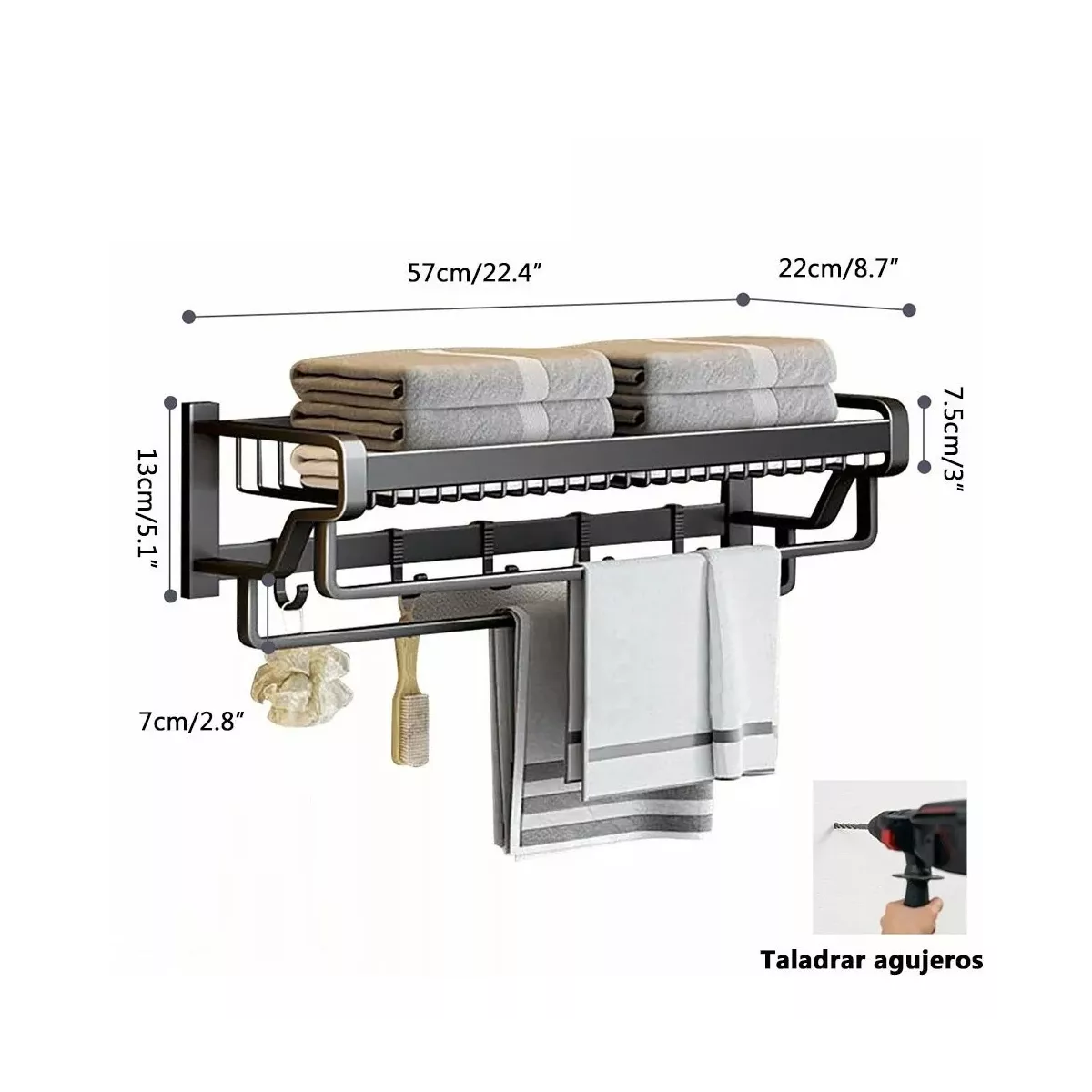 Toallero de baño doble de 57 cm para lavabo de baño, color gris oscuro