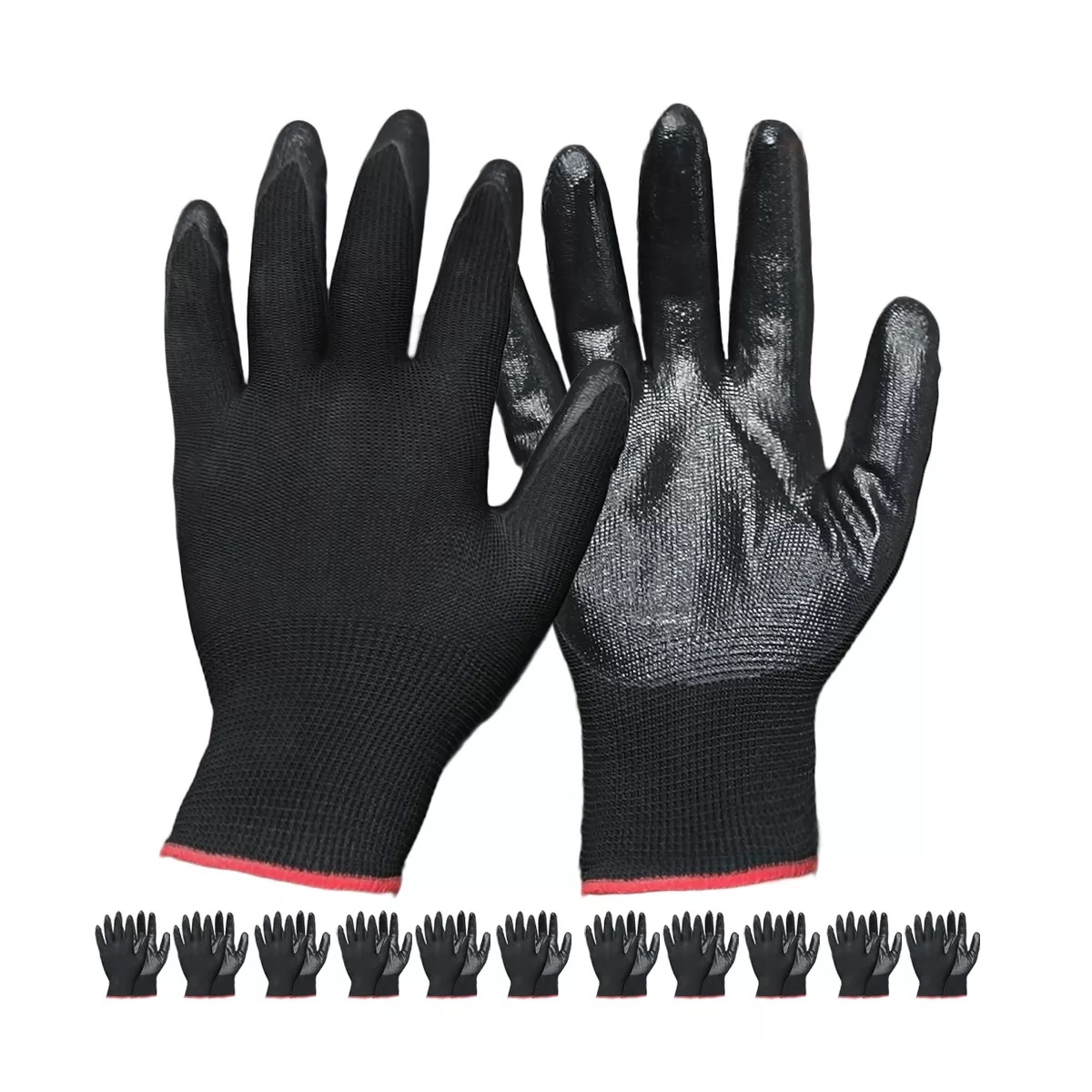 Guante Nylon Negro Recubiertos Palma Nitrilo Seguridad 12pcs