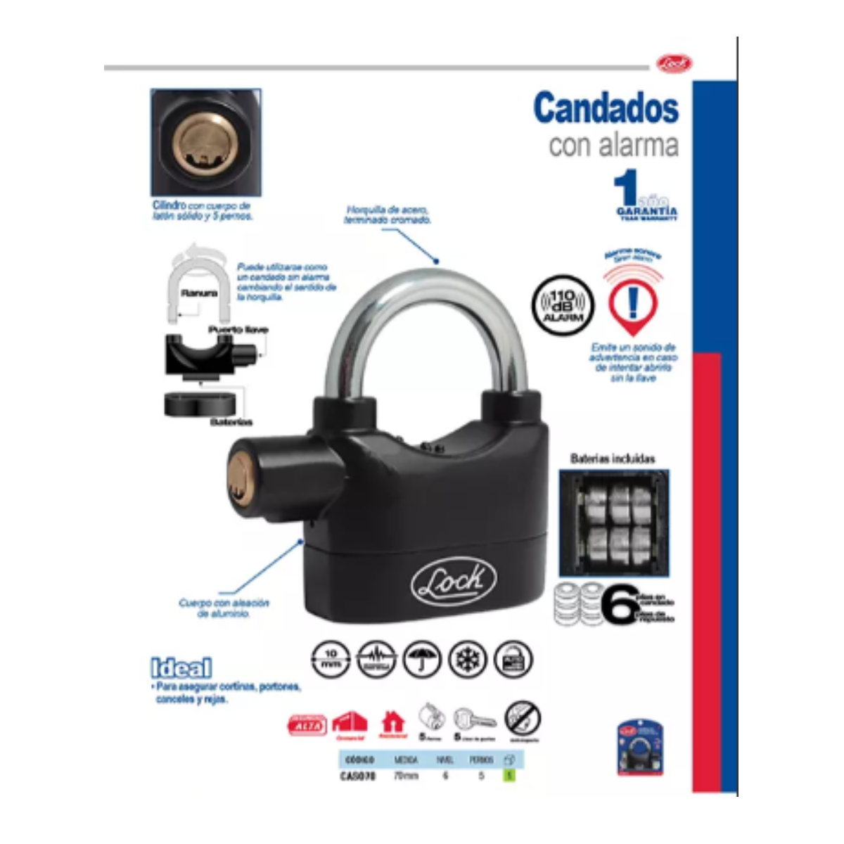 Candado Con Alarma Sonora 70 Mm, Llave De Puntos Lock