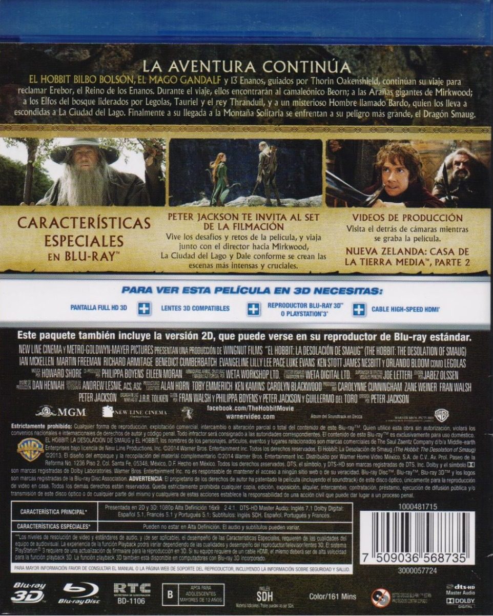 El Hobbit Desolacion De Smaug Blu-ray 3d + Bd + Dvd + Bonus