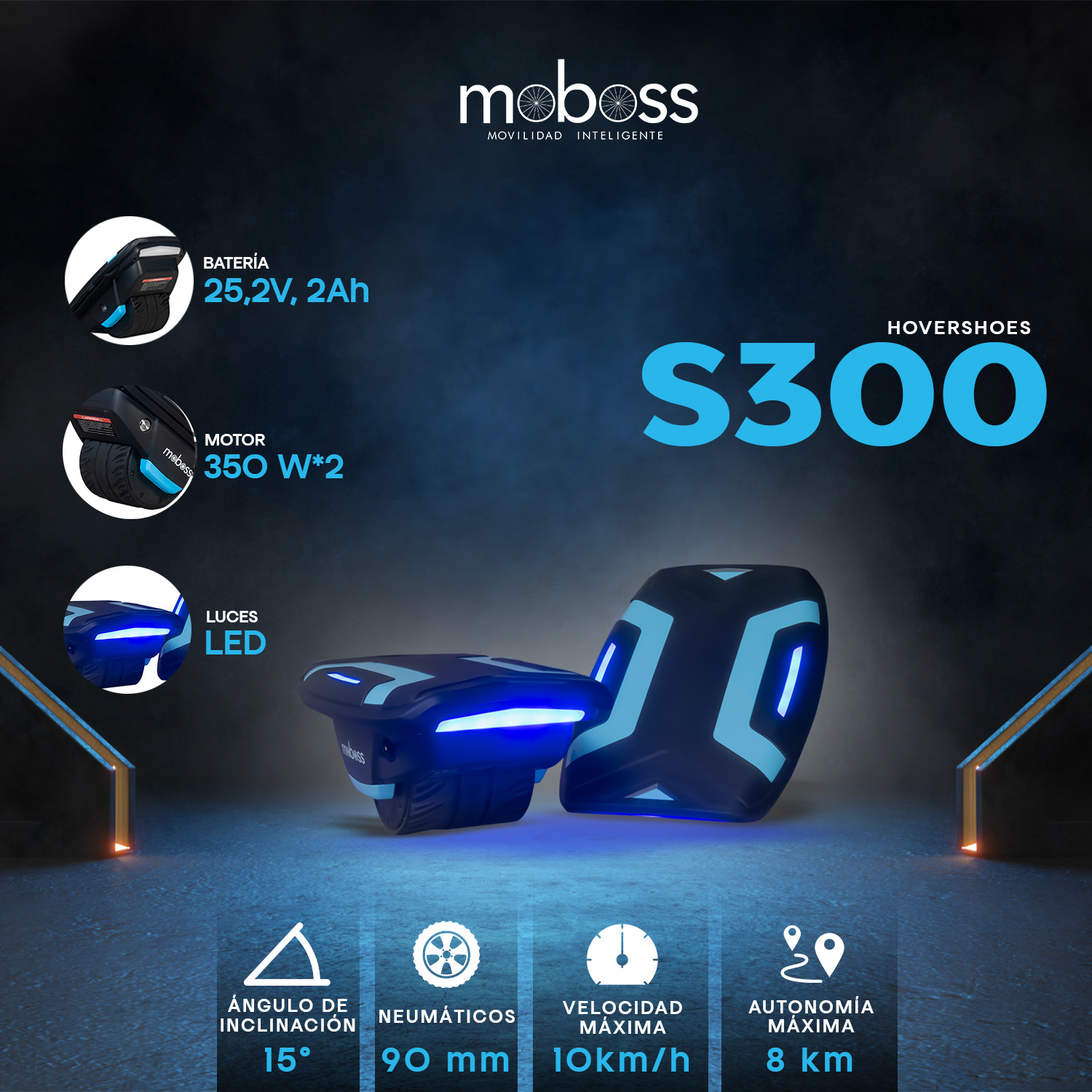Hoverboard Hovershoes Moboss S300 Negro/Azul 10 km/h