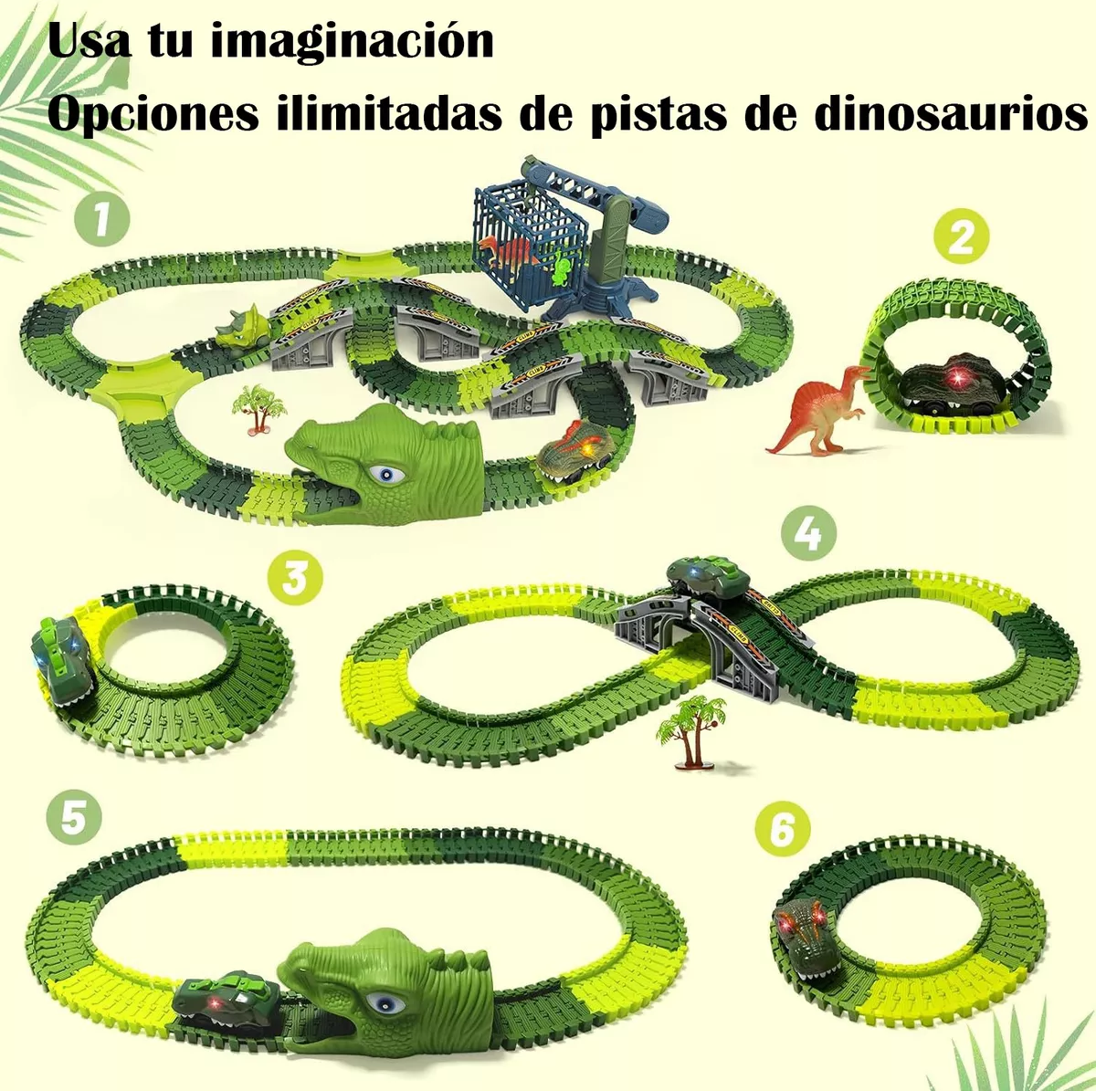 Pista Carreras Dinosaurios Infantil 278 Piezas 4 Carros Coches más Accesorios Juguetes para Niños