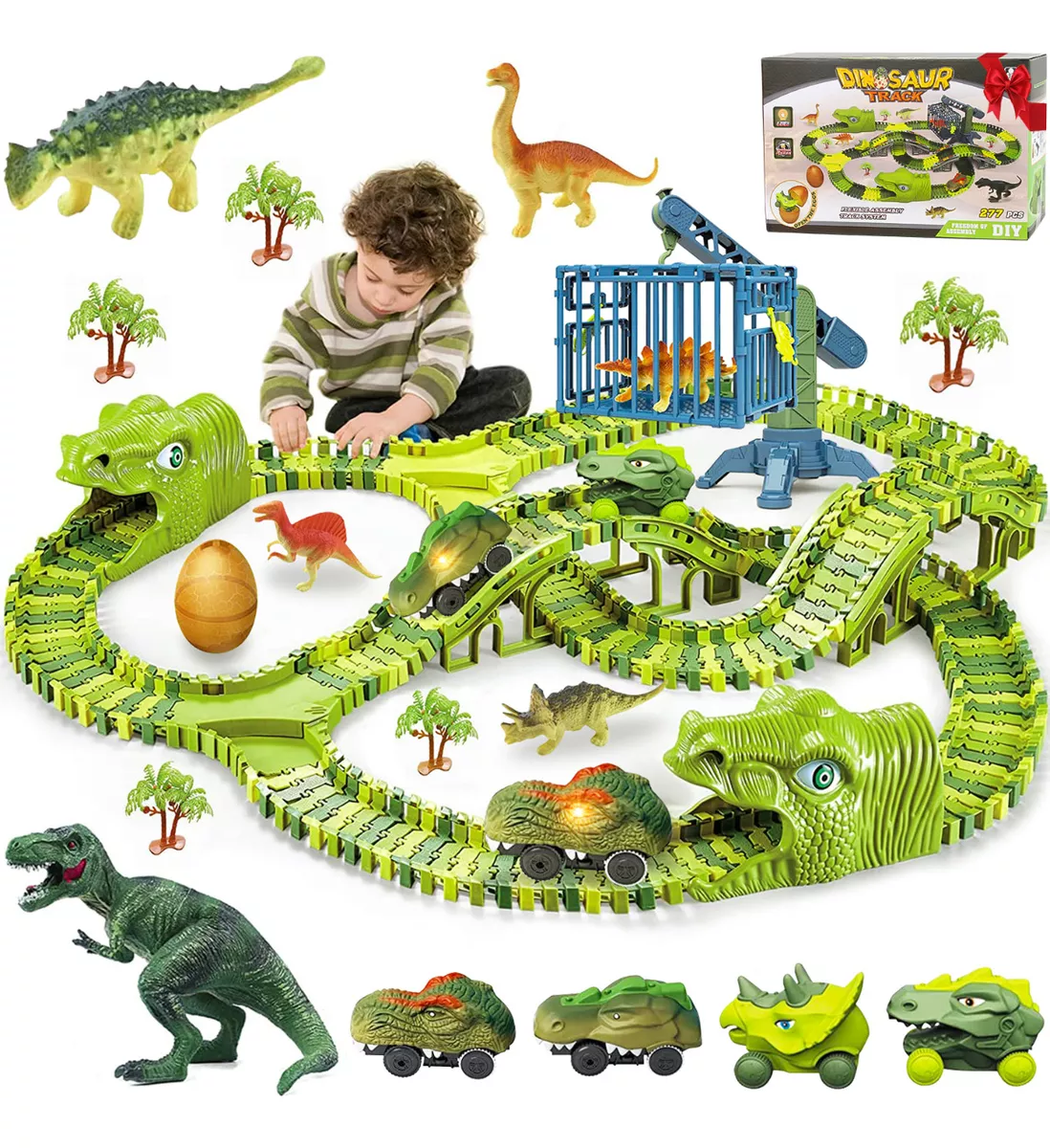 Pista Carreras Dinosaurios Infantil 278 Piezas 4 Carros Coches más Accesorios Juguetes para Niños