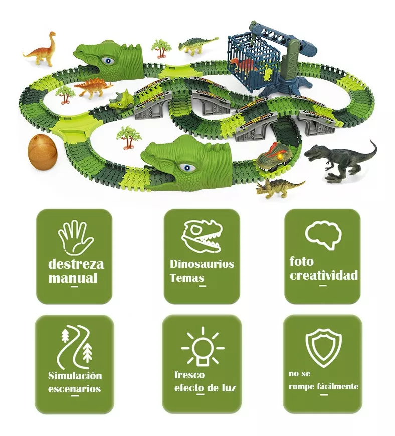 Pista Carreras Dinosaurios Infantil 278 Piezas 4 Carros Coches más Accesorios Juguetes para Niños