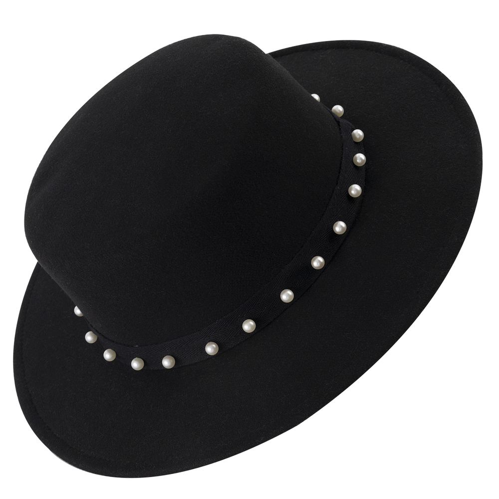 Sombrero de Fieltro Negro Detalle de Perlas en Cinta 