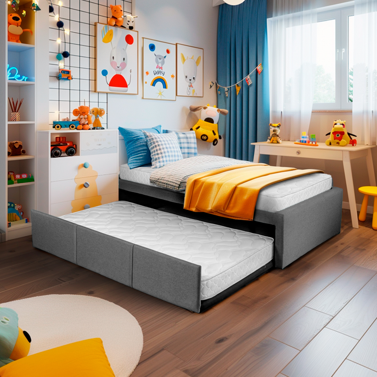 Cama Doble, Bajo Cama Individual  Gris