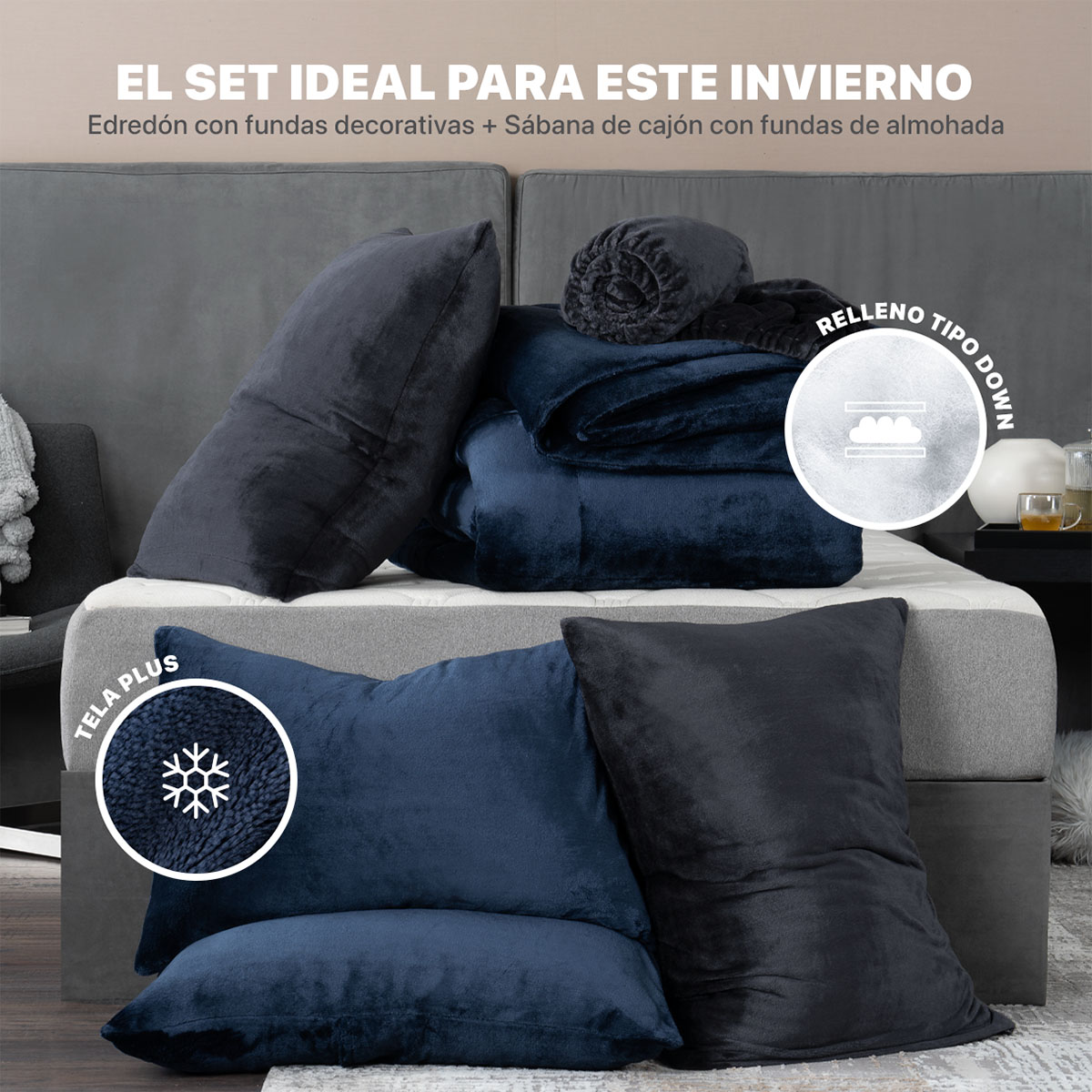 Edredón Invernal Cobertor Matrimonial + Sábana Azul Marino / Gris Oscuro ESQUIMAL