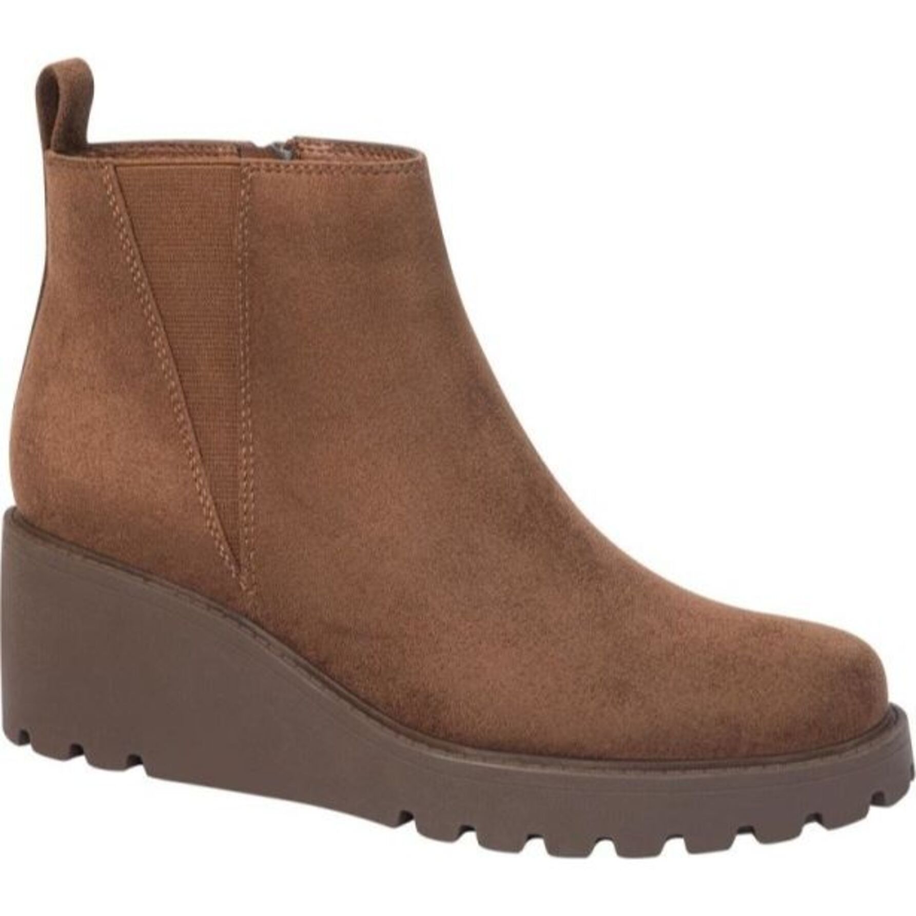 Bota para mujer, tipo botín, con tacón de cuña y cierre, acabado gamuza, marca Vi Line, color café 1141426