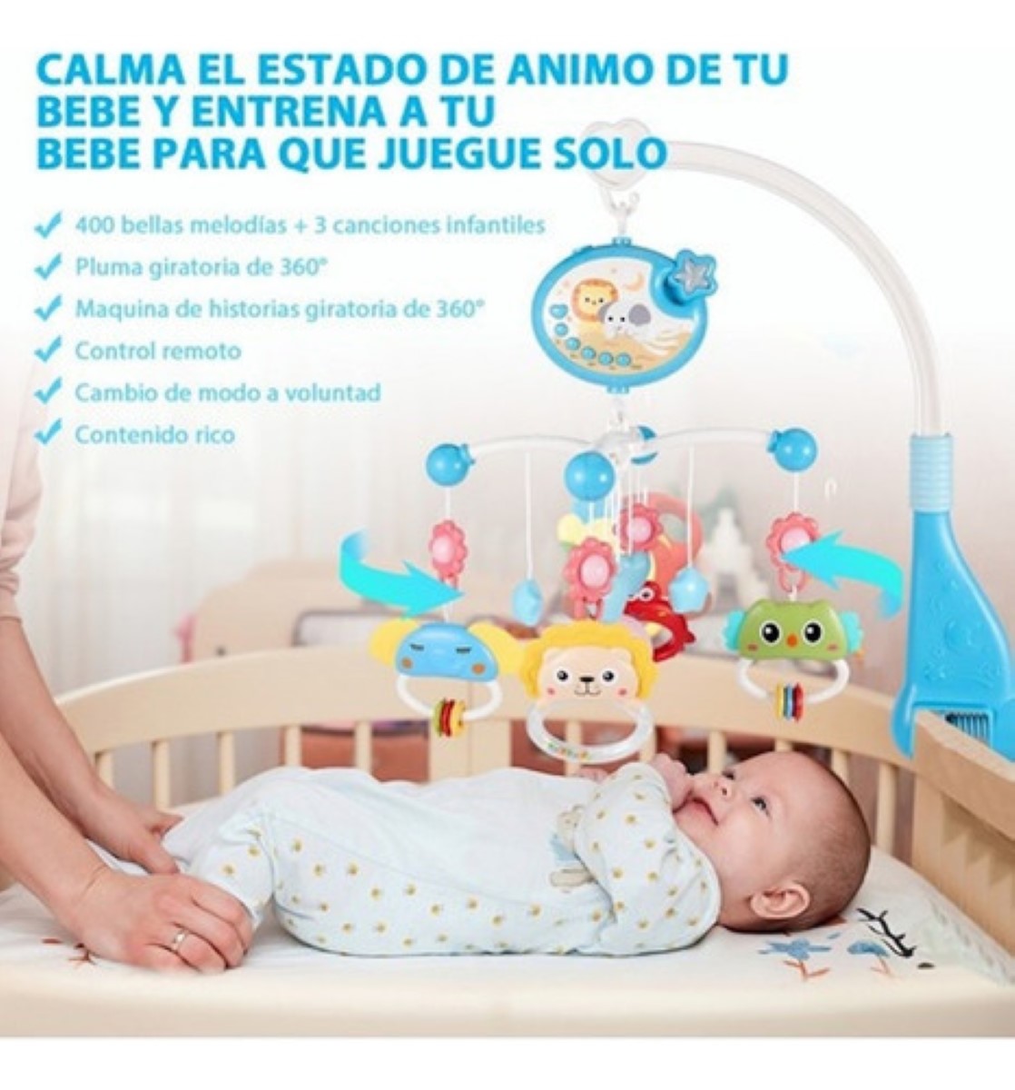 Brazo Móvil Musical Para Cuna Sonajero Giratoria Proyector AZUL