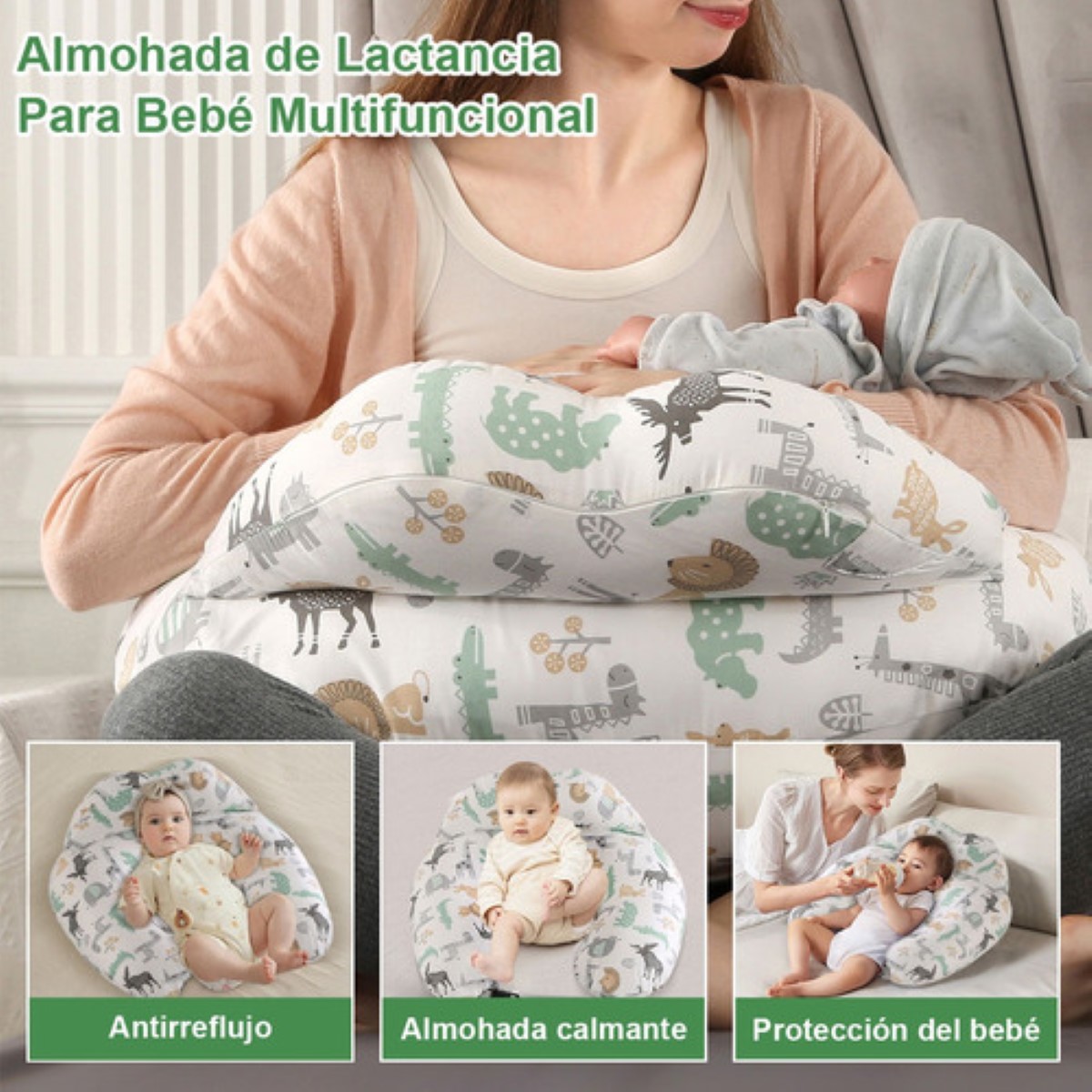 Almohada Cojin De Lactancia Para Bebé Amamantar Antirreflujo BLANCO DIBUJOS ANIMALES